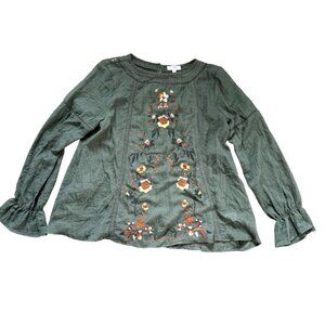 Umgee Women's Peasant Top Blouse Sz M Green Floral Embroidered Boho Long Sleeve